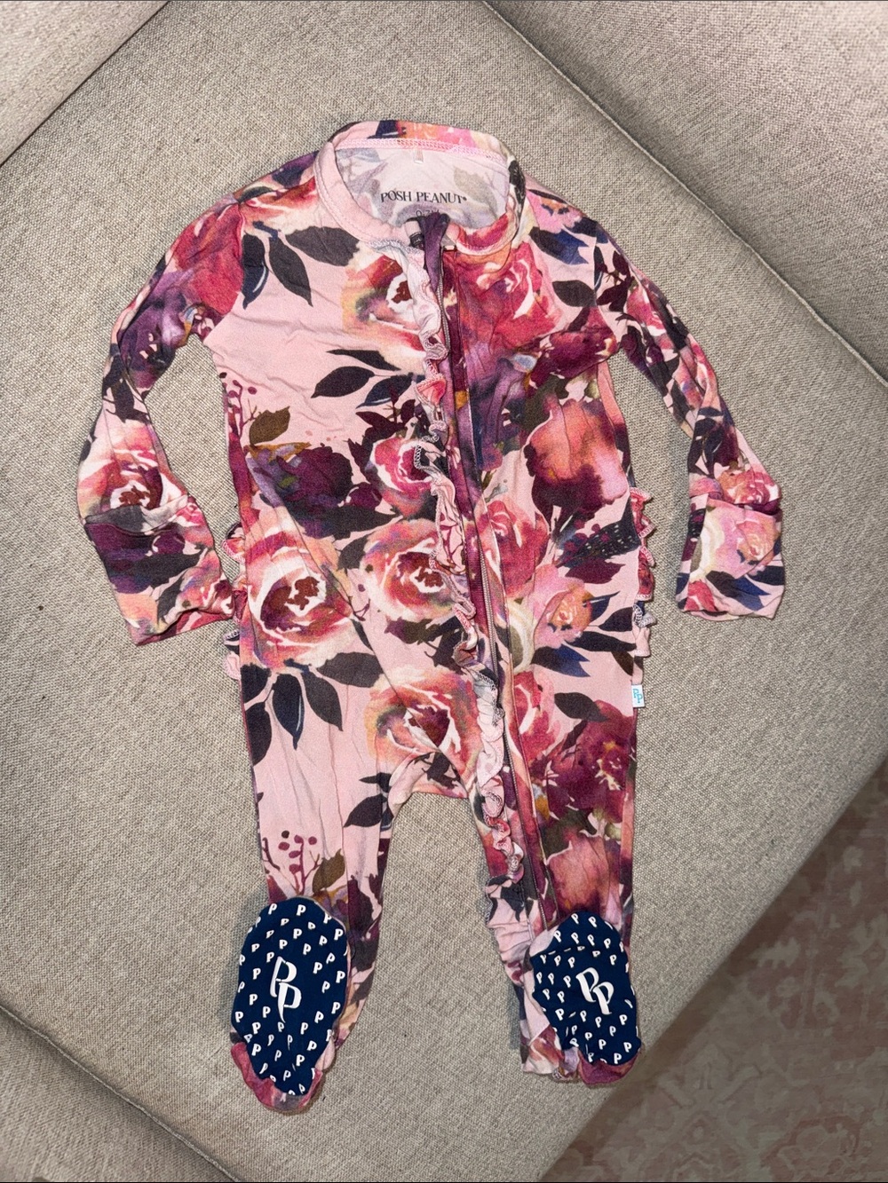 Posh Peanut Pink Floral Ruffle Footed One-Piece